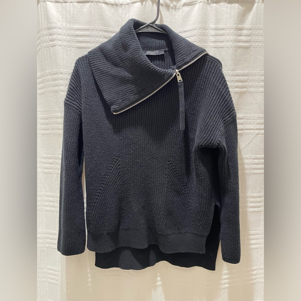 AllSaints black zip funnel neck wool blend sweater